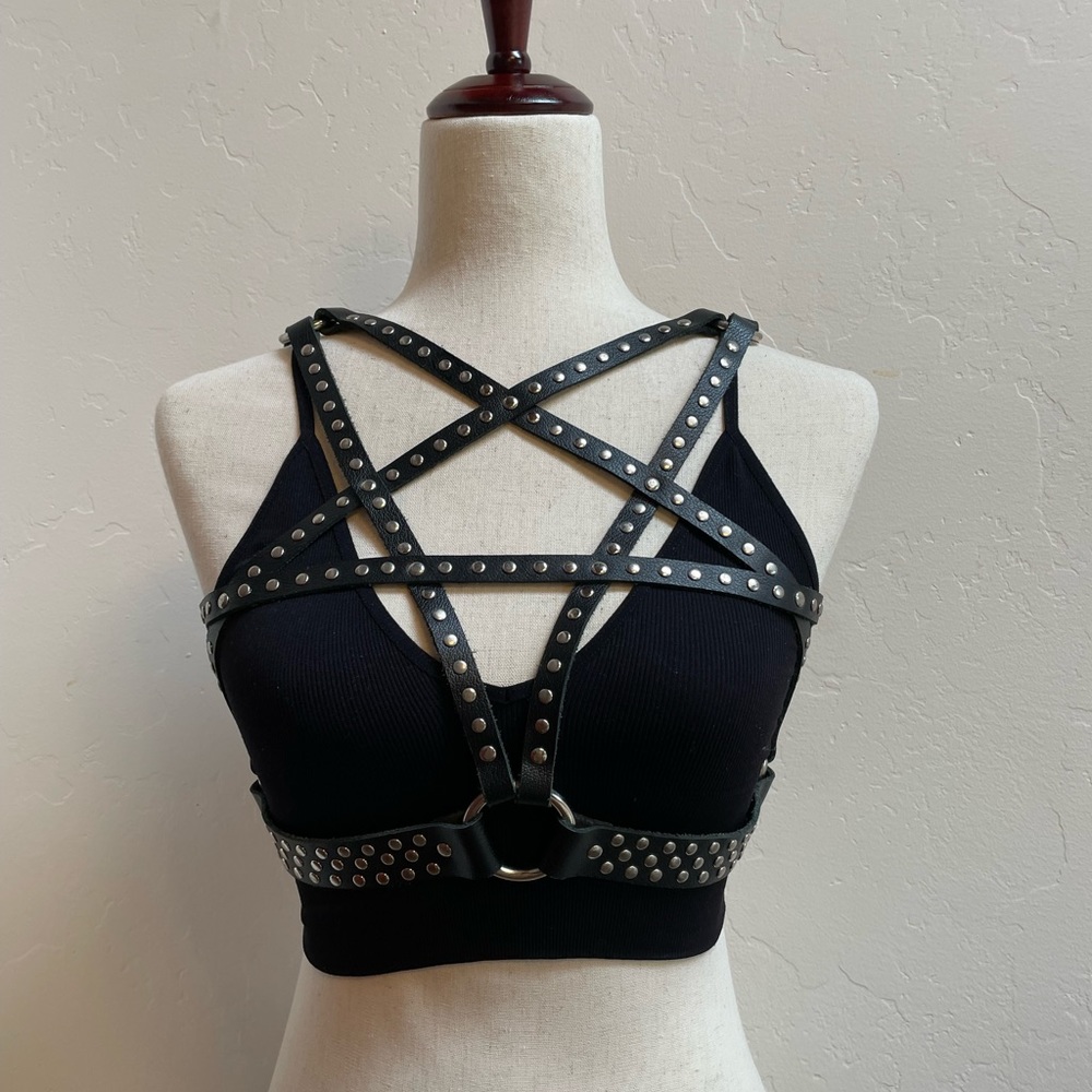 HOS leather pentagram studded harness